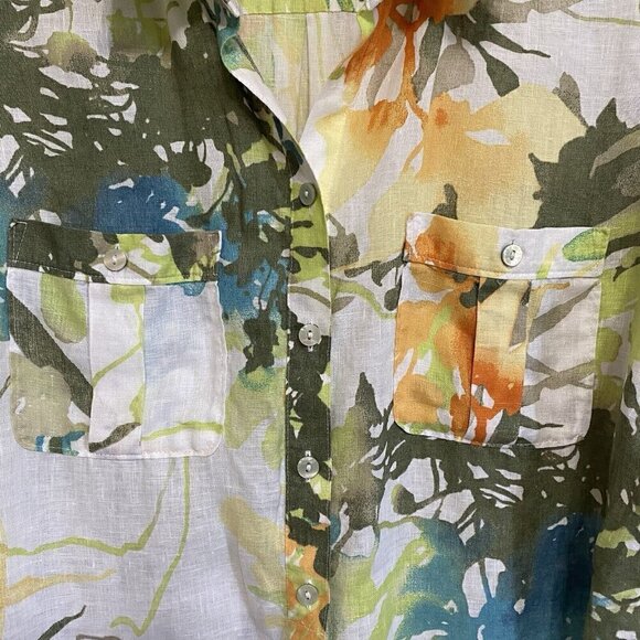 Chico's Size 12 Tropical Print Linen Button Front Blouse No Iron  3/4 Sleeves - Picture 5 of 5